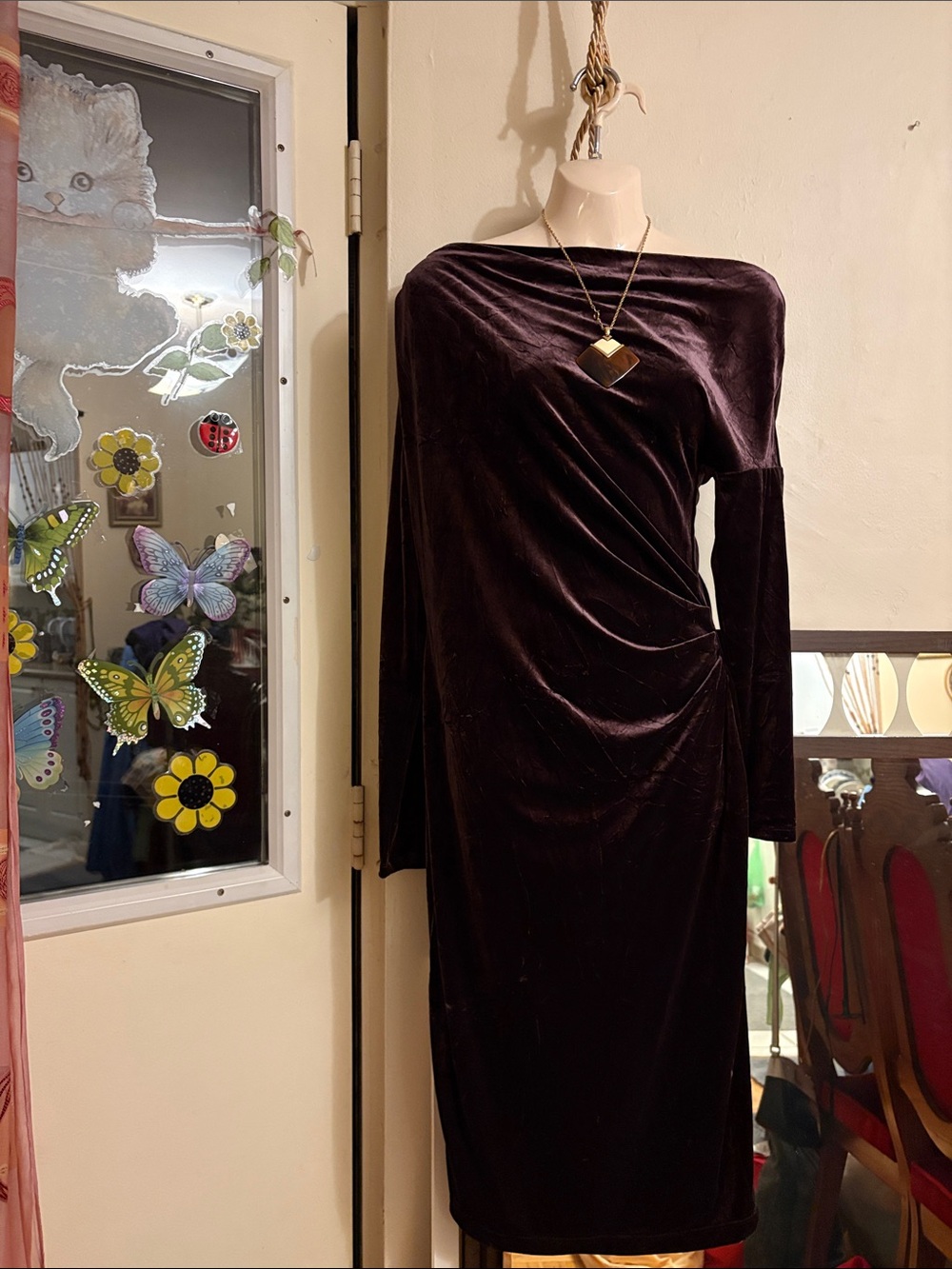 Lauren Ralph Lauren Long-Sleeve Velvet Midi Dress in Plum